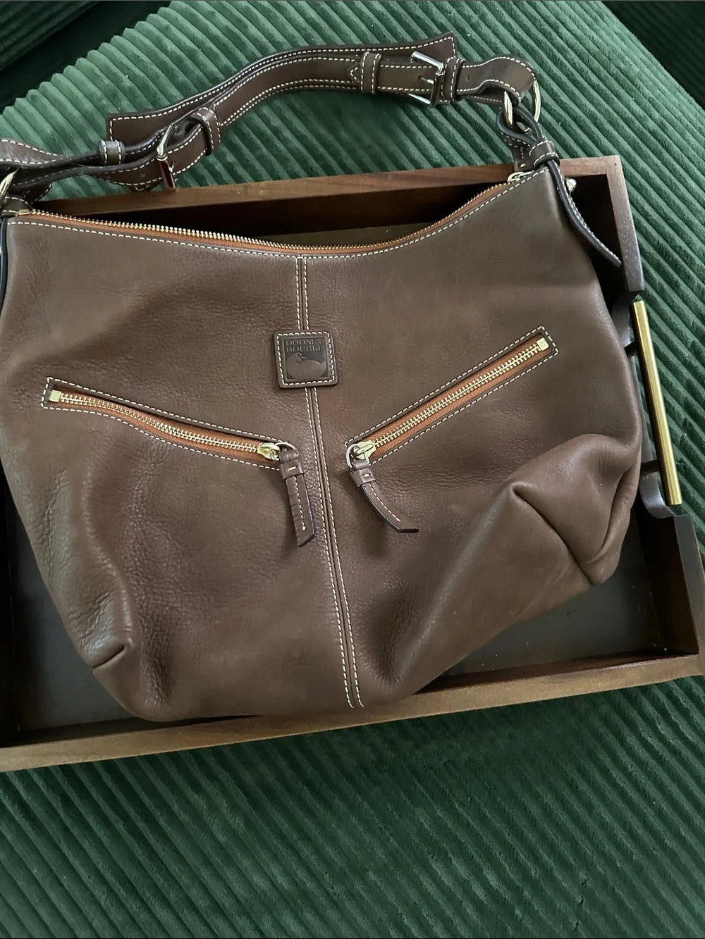Dooney & Bourke Brown Leather Shoulder Bag with Dual Zip Accents